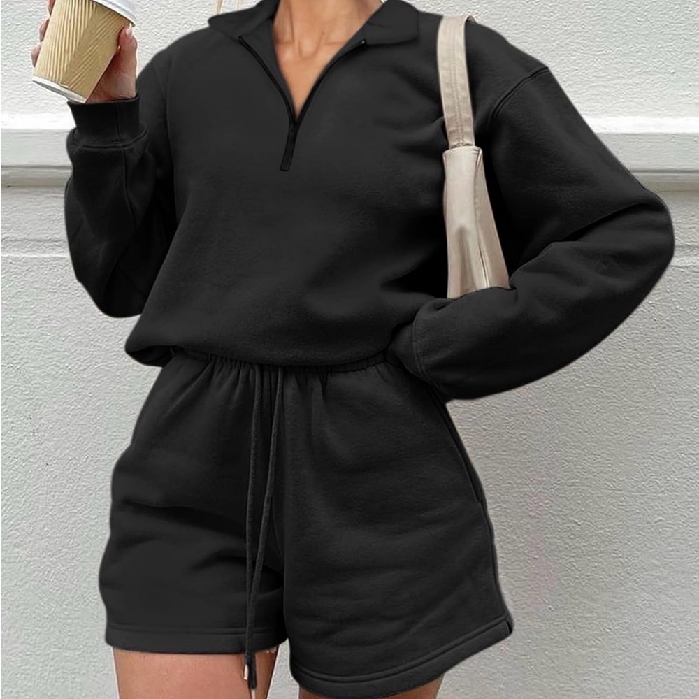Black Fleece Lined Lounge Set XL Half Zip Pullover & Shorts 2 Piece